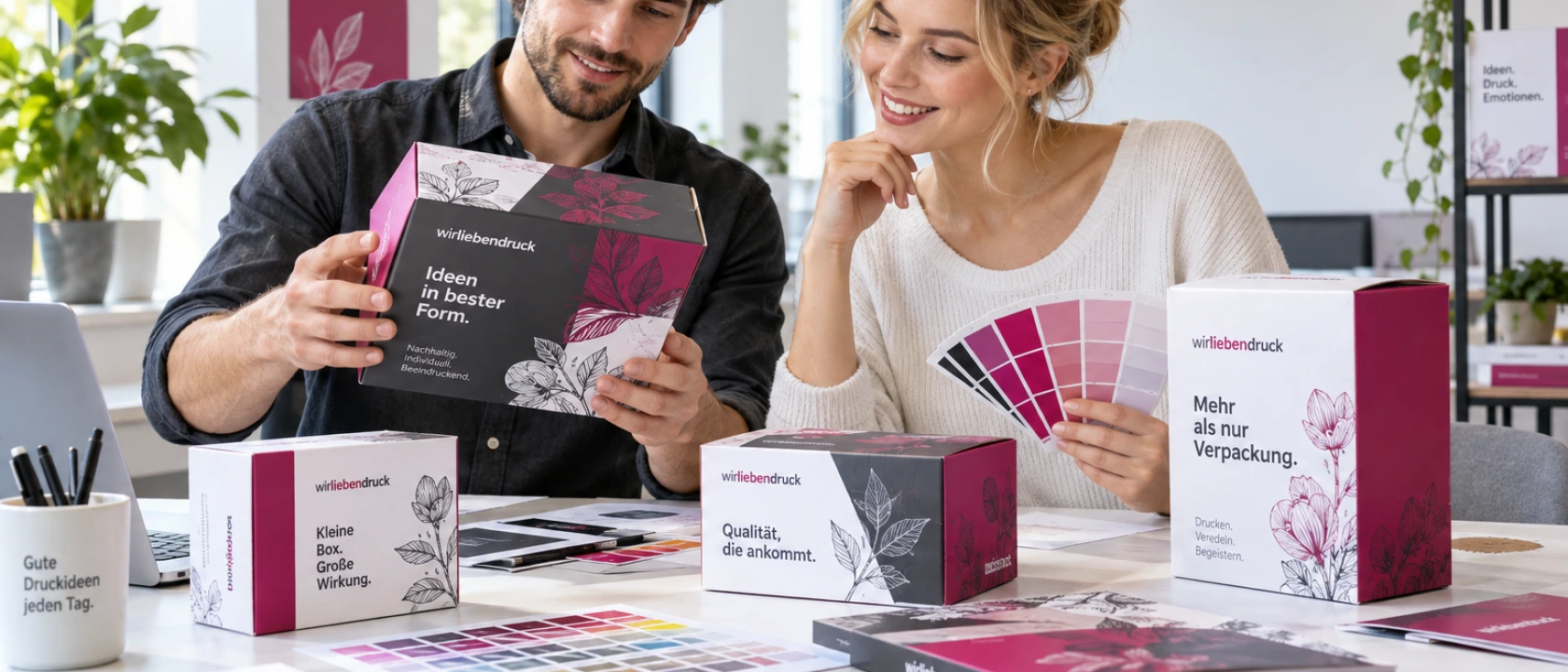 Bedruckte Faltschachteln und Verpackungen in hellen Farben auf einem hellen Tisch, Menschen besprechen ein Druckmuster im Hintergrund
