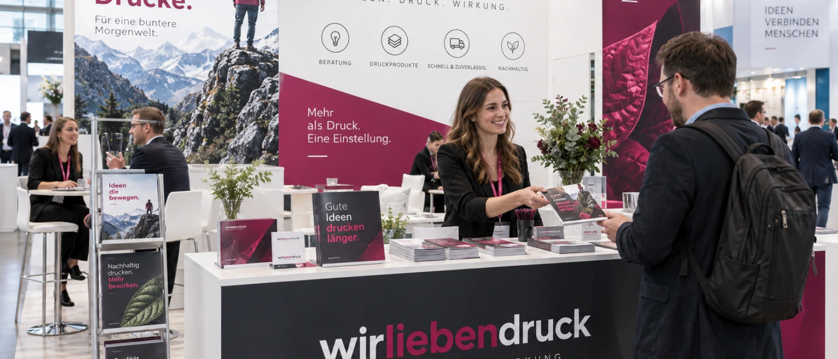 Großes Pop-Up-Messedisplay in hellem Ambiente mit klarer Headline und farbigem Akzent – frontal betrachtet, hochwertige 21:9 Editorial-Fotografie
